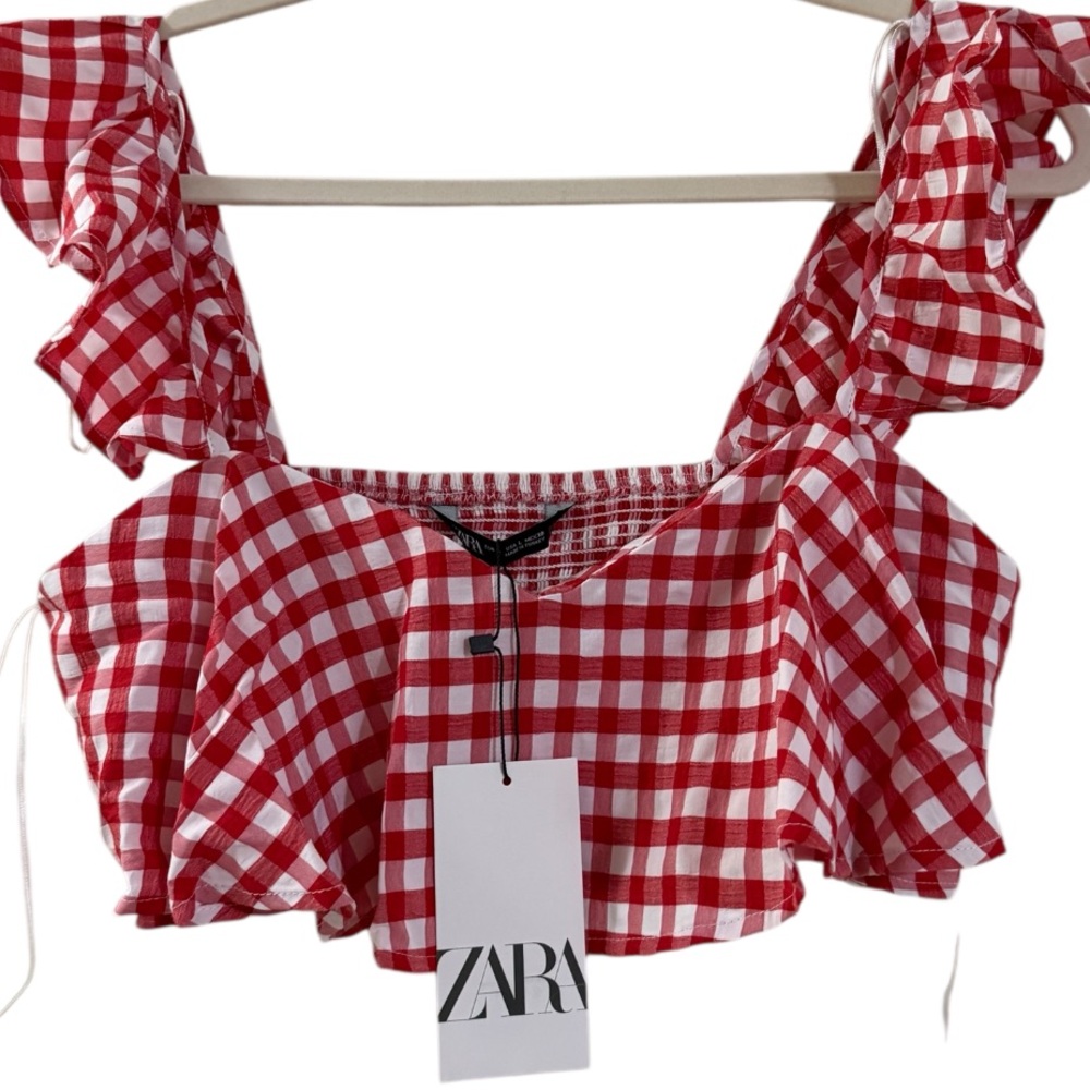 Zara Red Gingham Ruffle Crop Top